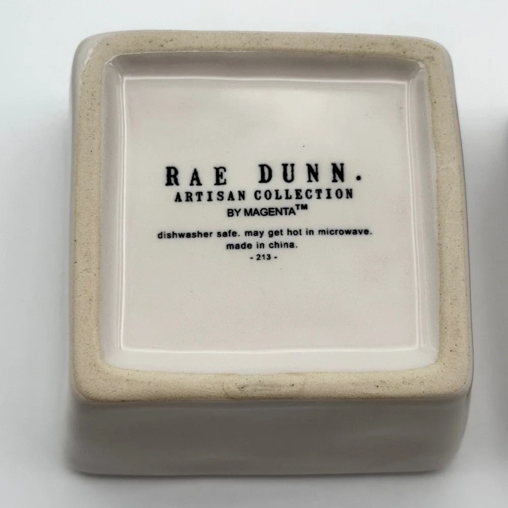 Rae Dunn Savor‎ and Enjoy Square Bowl Set Green White Ceramic 2pc